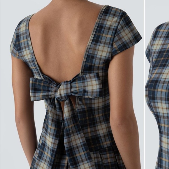 Halara Backless Tie Back U Neck Plaid Pleated Hem Mini Casual Dress NWT - Picture 4 of 7